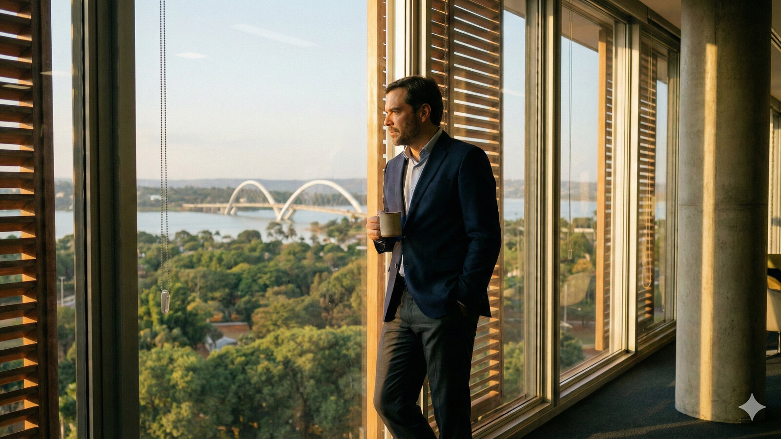 Homem em recuperação pós-operatória em ambiente doméstico, com expressão serena e postura discreta